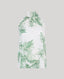 The Flora Tie Neck Blouse In Tropical Green. This halterneck  tie blouse has light gathering, covered button fastening at the back and side splits.