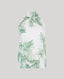 The Flora Tie Neck Blouse In Tropical Green. This halterneck  tie blouse has light gathering, covered button fastening at the back and side splits.