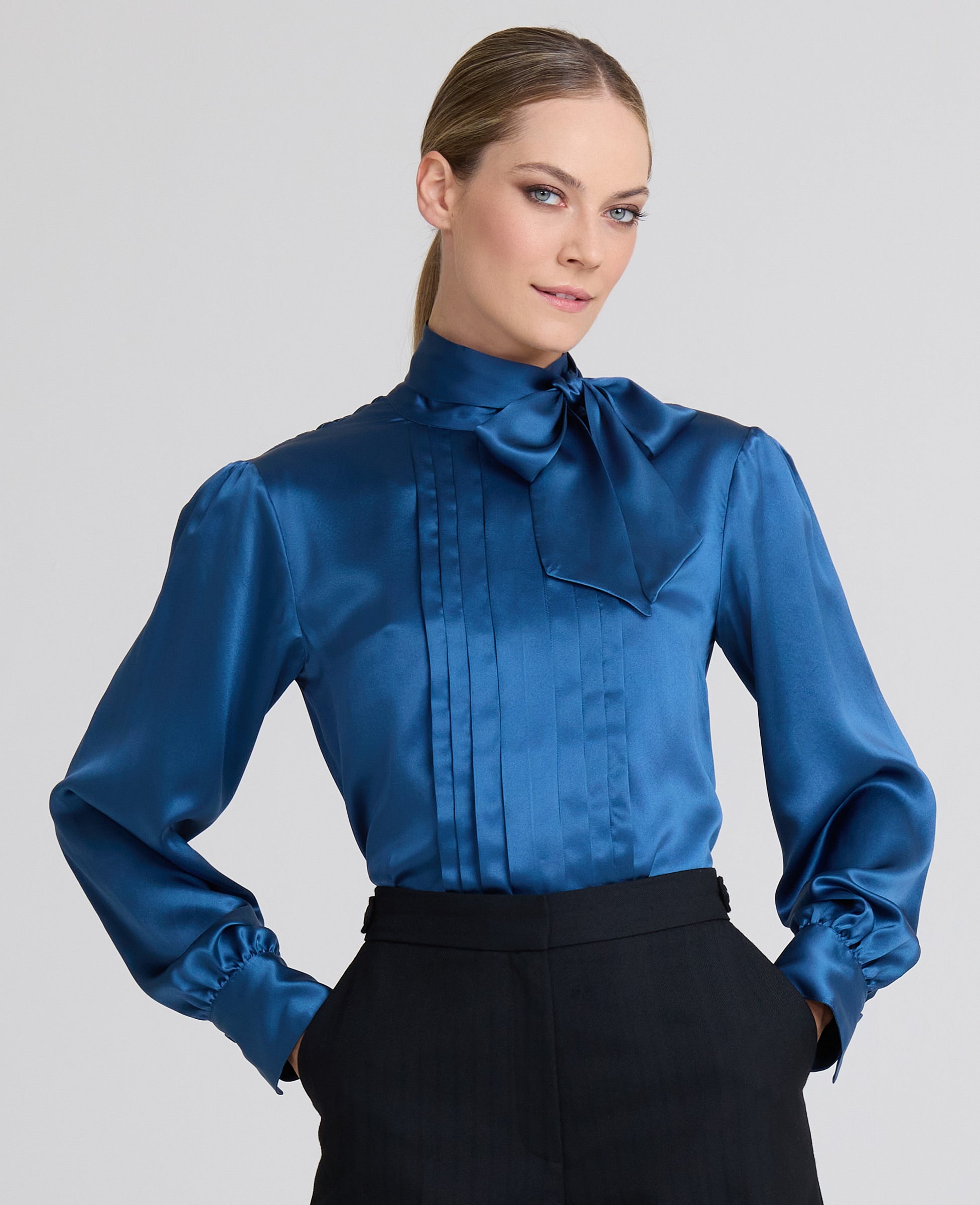 Open satin blouse on sale