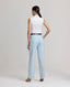 Back of Tania Wool Blend Straight relaxed fit Trousers In Blue Check with hook and eye closure and pleat front detail.