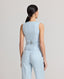Bakc view of model wearing the fitted tailored Tania Wool Blend Waistcoat In Blue Check with deep V-neck, jet pockets, covered buttons and cream lining, with the Tania Trousers