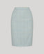 The Tania Wool Blend Pencil Skirt In Blue with a narrow waistband, darts at back and front for fitted shape, invisible zip fastening and hook and eye closure.