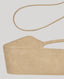 Suede Cummerbund in Fawn—a 100% calf suede accessory designed to luxuriously accentuate the waistline, offering both practicality and style. Product shot.