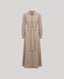 Maxi long sleeve utility shirt dress with 5cm wide belt and tortoiseshell buckle, pointed collar, branded tortoiseshell buttons, antique gold metal eyelets.