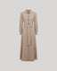 Maxi long sleeve utility shirt dress with 5cm wide belt and tortoiseshell buckle, pointed collar, branded tortoiseshell buttons, antique gold metal eyelets.