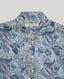 Collar and white button details of the Sophia shirt in blue made from 100% Liberty silk chiffon.