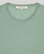 Close-up view of the Sadie Crew Neck Jumper In Sage, highlighting its ribbed neckline detail.