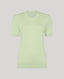 Front view of our Selina Short Sleeve Knitted Tee Designed in an elegant pistachio. A perfect fit for the modern wardrobe with picot edging at the neck and scallop detailing at cuff. Made in a luxurious blend of cotton and cashmere.