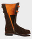 Side image of Heritage Calf Length Suede Boots in Chocolate brown with  open zip to show orange lining 