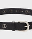 Italian Leather Enamel Studded Belt in Black | Really Wild Clothing | Accessories |  Detail of Silver Buckle