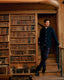 A man in a dark navy blazer and plaid trousers stands on wooden stairs inside a library with tall bookshelves.