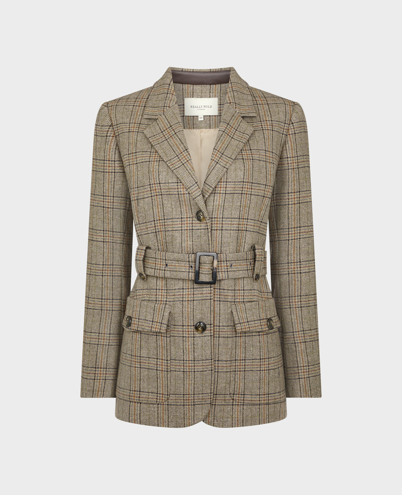 Iris Belted Wool Check Jacket