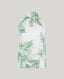 The Flora Tie Neck Blouse In Tropical Green. This halterneck  tie blouse has light gathering, covered button fastening at the back and side splits. 