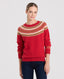 Lambswool Crew Neck Fair Isle Jumper, Red Khaki Cream | Really Wild Clothing | Studio Model Front Close