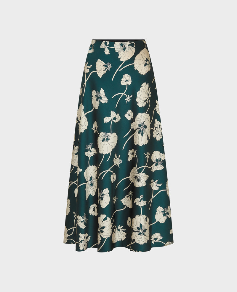 Poppy Print Silk Satin Midi Skirt