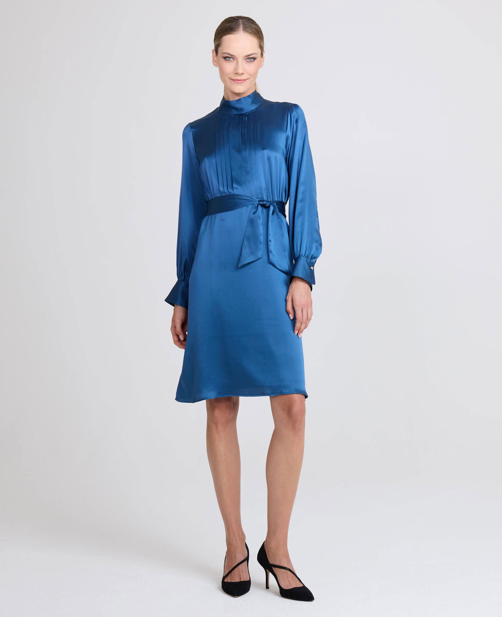 Cara Silk Pleated Tie Neck Dress