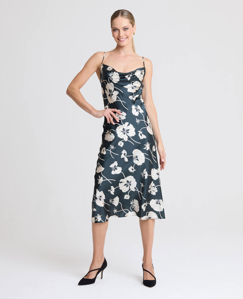 Poppy Print Silk Satin Bias Cut Slip Dress