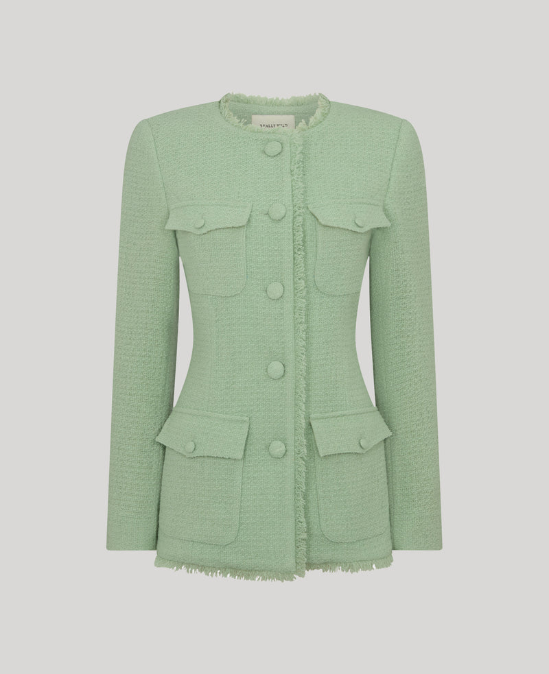 Gabrielle Wool Boucle Jacket Longline In Green