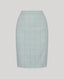 The Tania Wool Blend Pencil Skirt In Blue with a narrow waistband, darts at back and front for fitted shape, invisible zip fastening and hook and eye closure. 