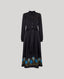 Fitted shirt dress with belt, mother of pearl buttons in smoke, Skirt lined with bright blue, border print detail.