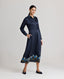 Juliette Floral Silk Shirt Dress In Navy with printed blue floral border.