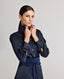 Juliette Floral Silk Shirt Dress In Navy with details of collar and mother of pearl buttons in smoke.