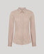 Emma Cotton Silk Fitted Long-sleeved Shirt in taupe with pointed collar and white buttons. 