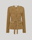 Robyn Suede Jacket in camel—a timeless and luxurious outerwear piece crafted from 100% suede leather, featuring a flattering fit and collarless design for a modern, feminine twist. Product shot front view.