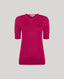 Front view of the Sascha Short Sleeve Knitted Tee In Mulberry - Made from 100% merino wool, our Sascha Knitted Tee is also designed in a striking mulberry. With elegant rib detailing, this can be elevated with tailoring for occasion wear and is otherwise perfect for a ladiesâ€™ lunch in the country.