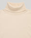 Close-up view of the Sharon Roll Neck Tank in Ivory, a fine-gauge sleeveless knit with a roll neck. Features fully fashioned armholes and a backward-fashioned shoulder design. 