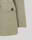 Close-up of a green jacket with tortoiseshell button on a white background