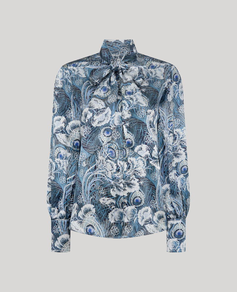 Peacock Silk Fixed Tie Neck Blouse