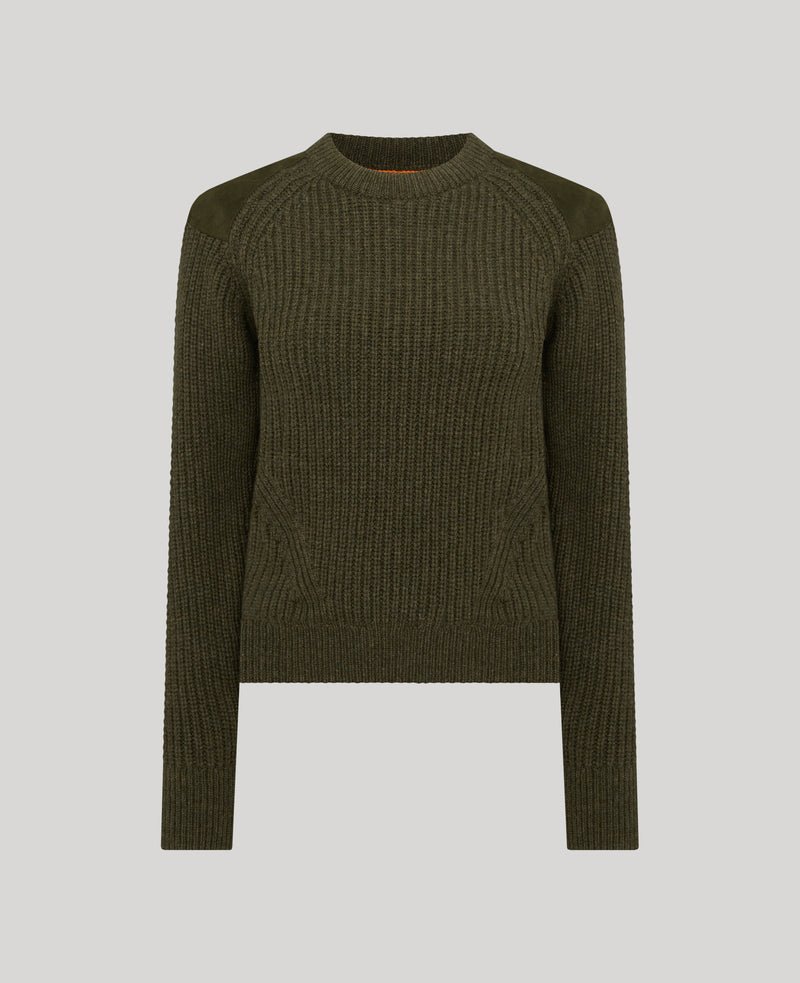 Lambswool Ribbed Round Neck Sweater with Alcantara Patches