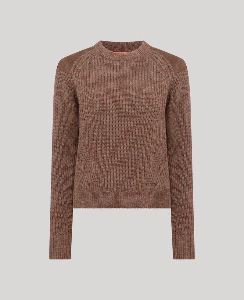 Lambswool Ribbed Round Neck Sweater with Alcantara Patches