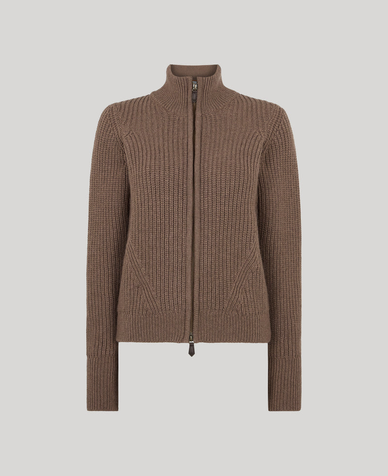 Lambswool Ribbed Zip Up with Alcantara Patches