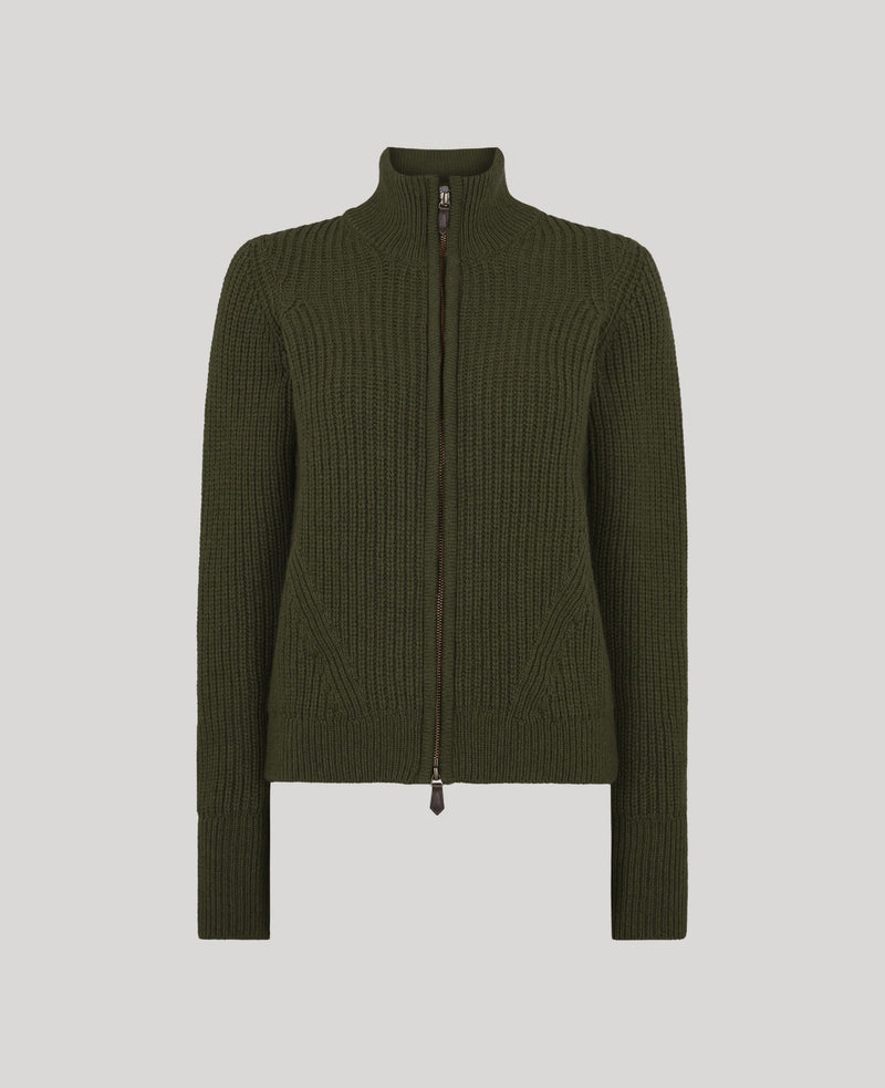 Lambswool Ribbed Zip Up with Alcantara Patches