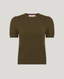 An olive brown short-sleeve knit top with puffed shoulders, shown flat against a light gray background.