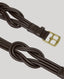 Side detail of double knot feature on chocolate brown leather belt 