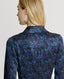 Back of model wearing Birch Print Silk Shirt Dress in Midnight Blue, Oxblood Red and Loden Green