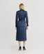 Back of Model wearing Birch Print Silk Shirt Dress in Midnight Blue, Oxblood Red and Loden Green