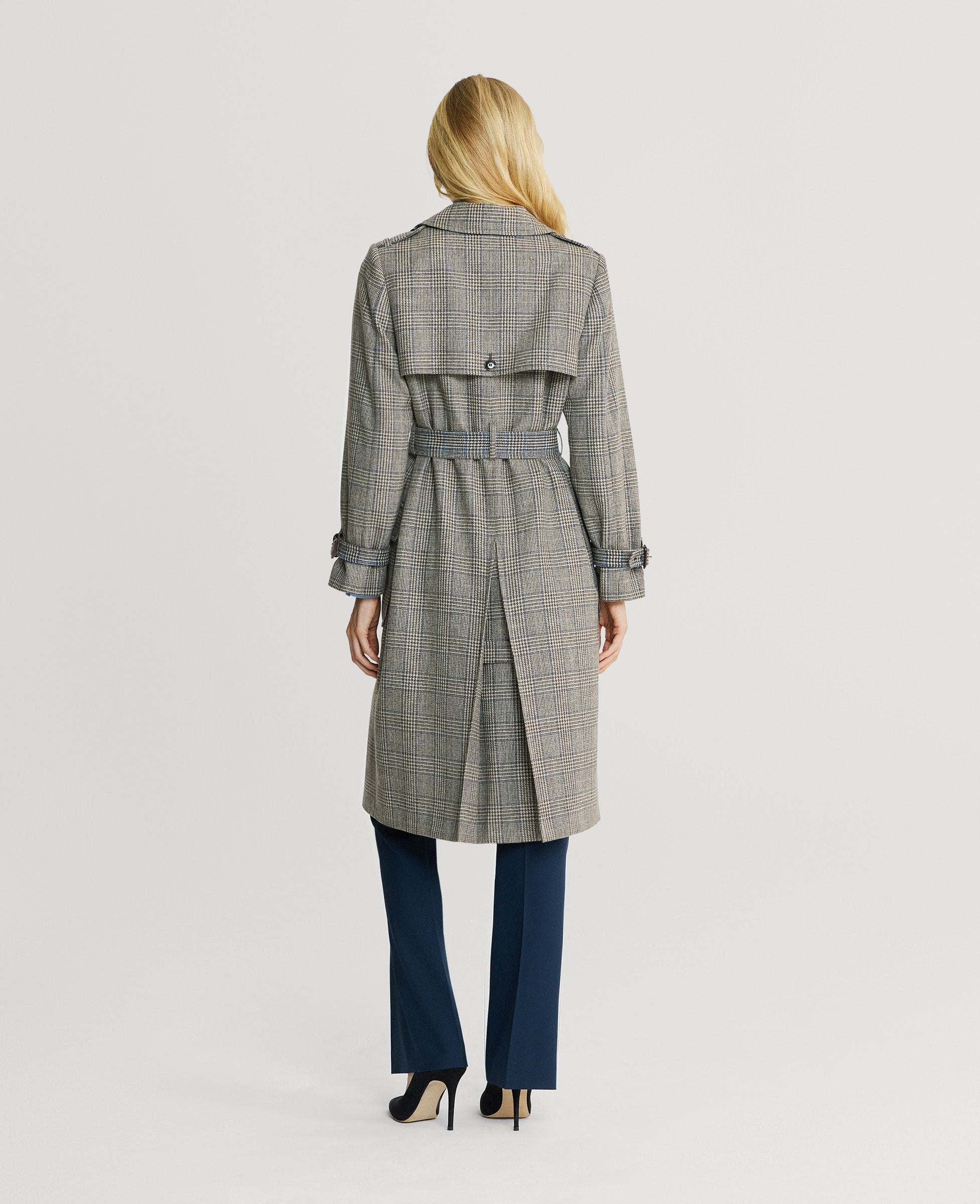 Chelsea Wool Check Trench Coat - Taupe, Blue Check | Really Wild