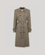 The Chelsea Wool Check Trench Coat in Taupe, Brown and Blue Check showing the Fabric tie belt and branded buttons 