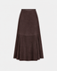 A dark brown suede-like midi skirt with a flared hem, shown against a plain light gray background.