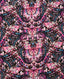 Patterned fabric with pink and blue butterfly design on a black background