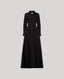 A long black collared dress with long sleeves, a matching waist belt shown against a solid light gray background.