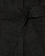 Close-up of a dark black silk fabric with a matching tie belt crossing over the waist.