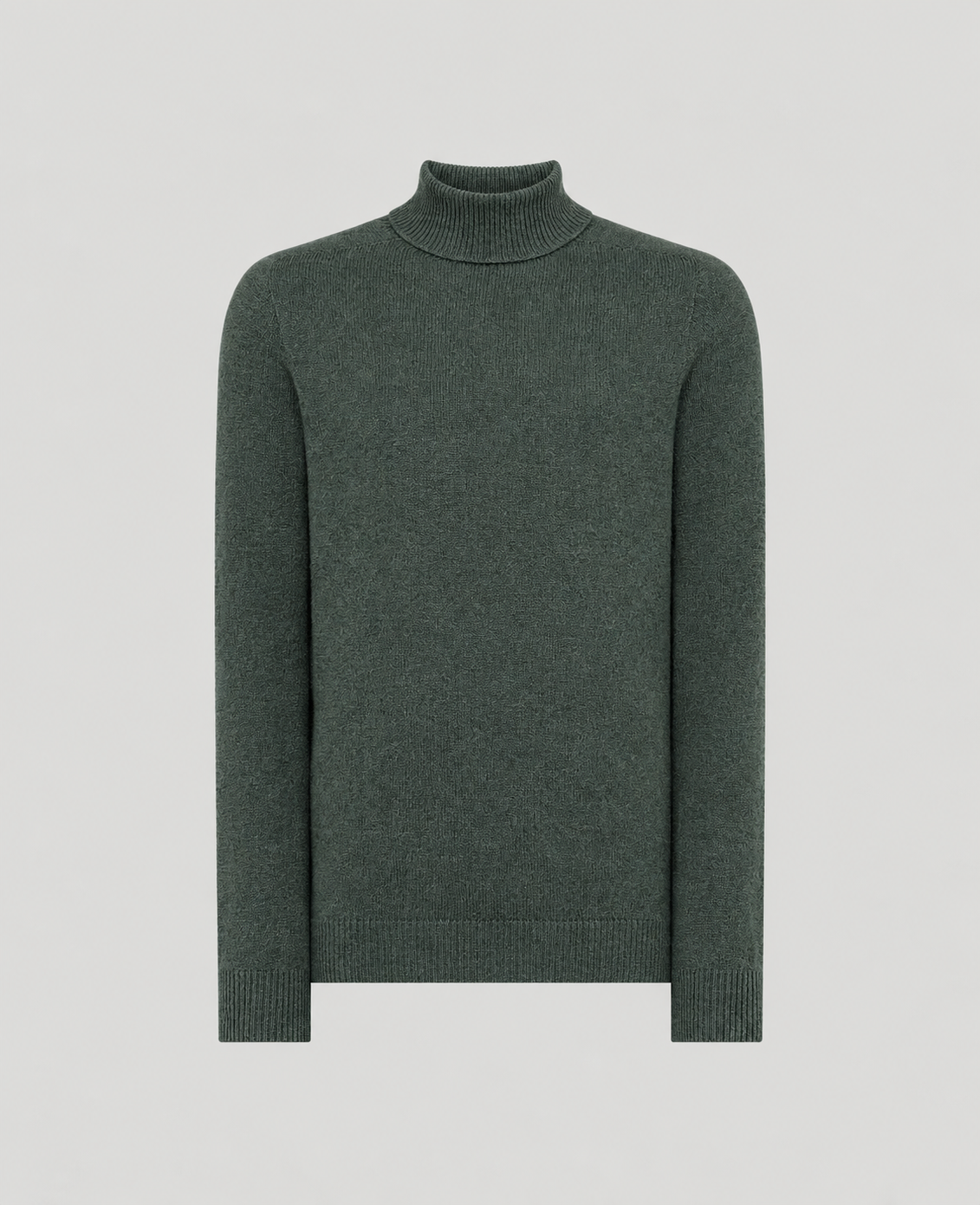 A dark green knit turtleneck sweater displayed on a neutral light gray background.