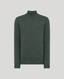 A dark green knit turtleneck sweater displayed on a neutral light gray background.