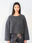 A model wearing a dark gray cropped knit sweater with long raglan sleeves and black leather pants, standing against a plain white studio background.