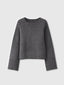 A dark gray knit sweater with a crew neck, raglan sleeves, and ribbed cuffs and hem, displayed against a light gray background.